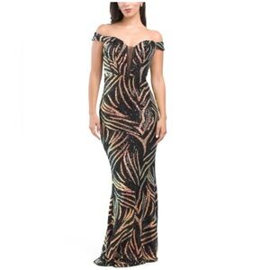 Dalia Macphee Swirl Sequin Off the Shoulder Gown